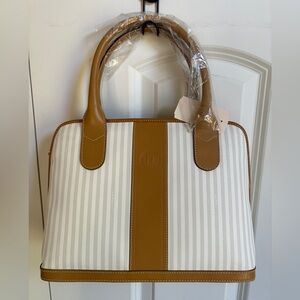 NWT Vintage Fendi striped coated white/grey fabric and brown leather satchel bag